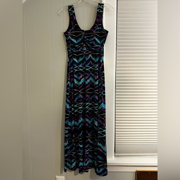 Bisou Bisou Maxi Dress 6P Petite V-Neck Jeweled Empire Waist Geometric Print - Picture 4 of 5